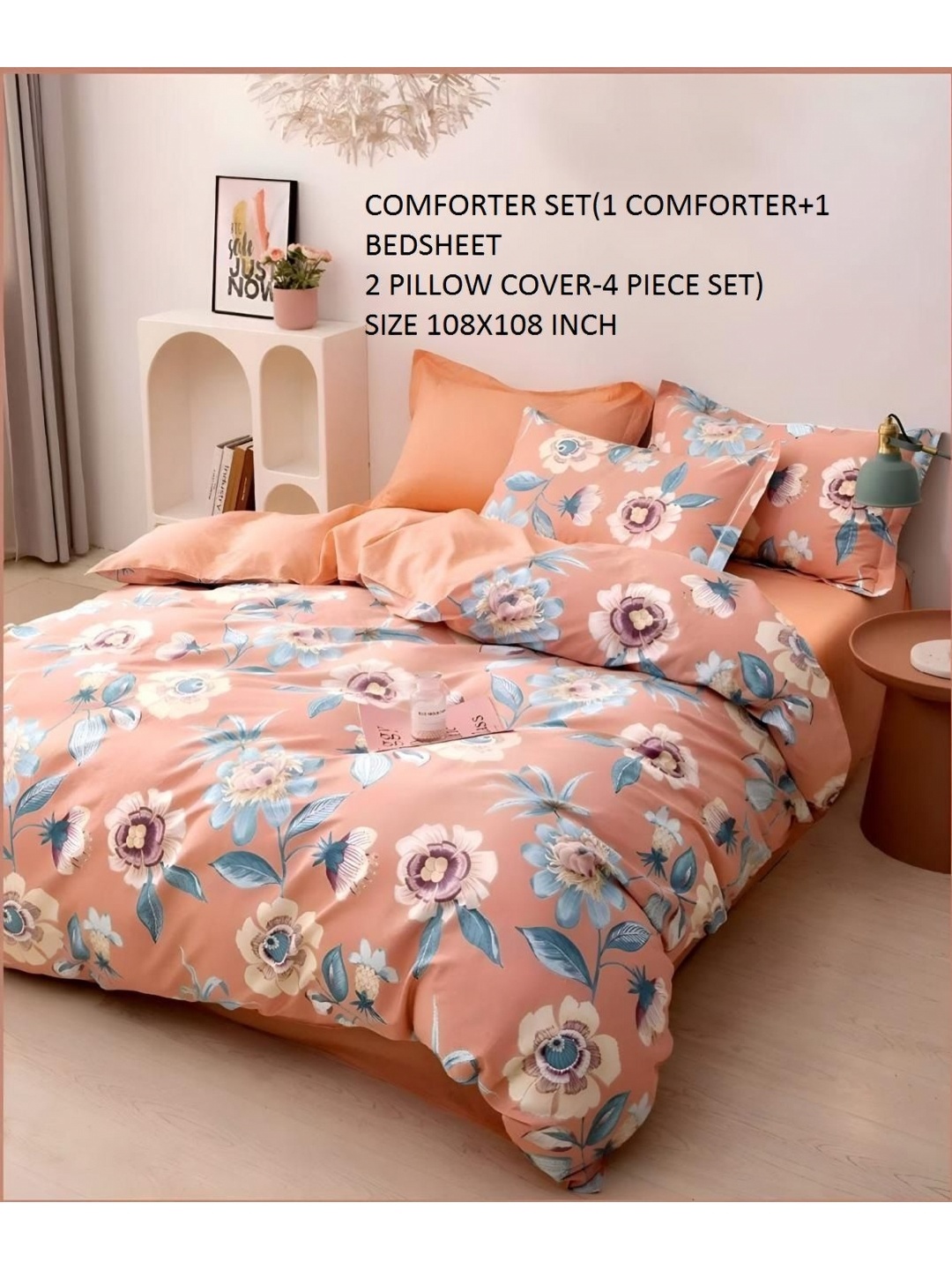 

Laying Style Peach Coloured & Green Floral Printed Double King Regular Bedding Set