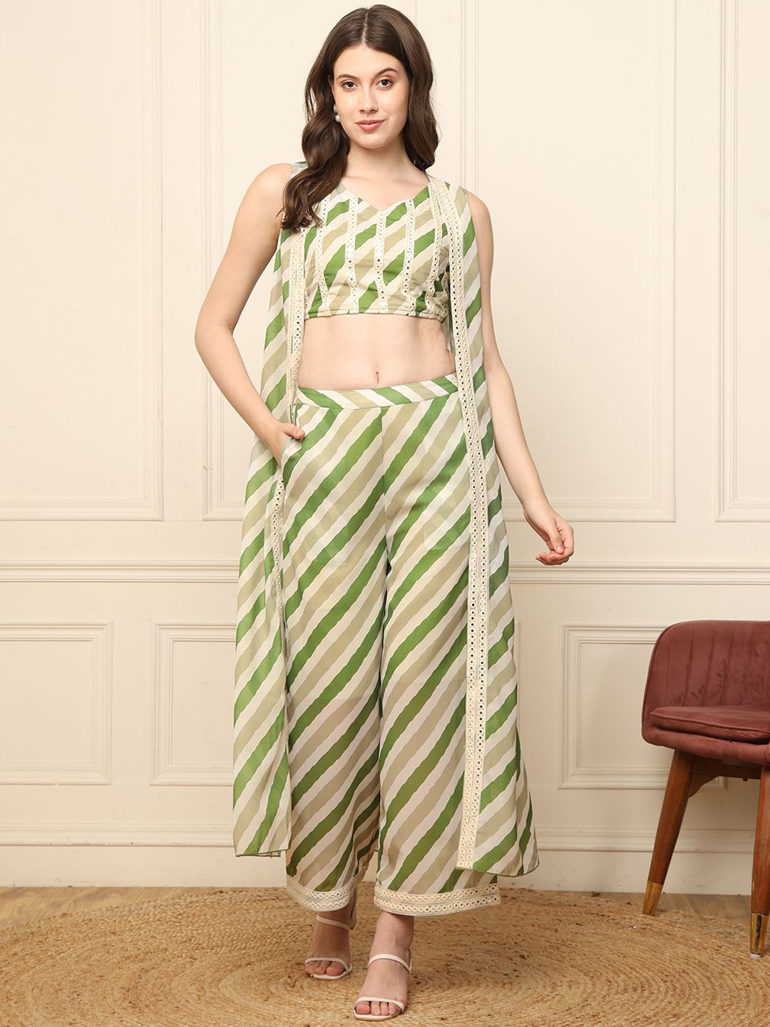 

DEEBACO Striped V-Neck Top With Palazzos & Shrug, Green