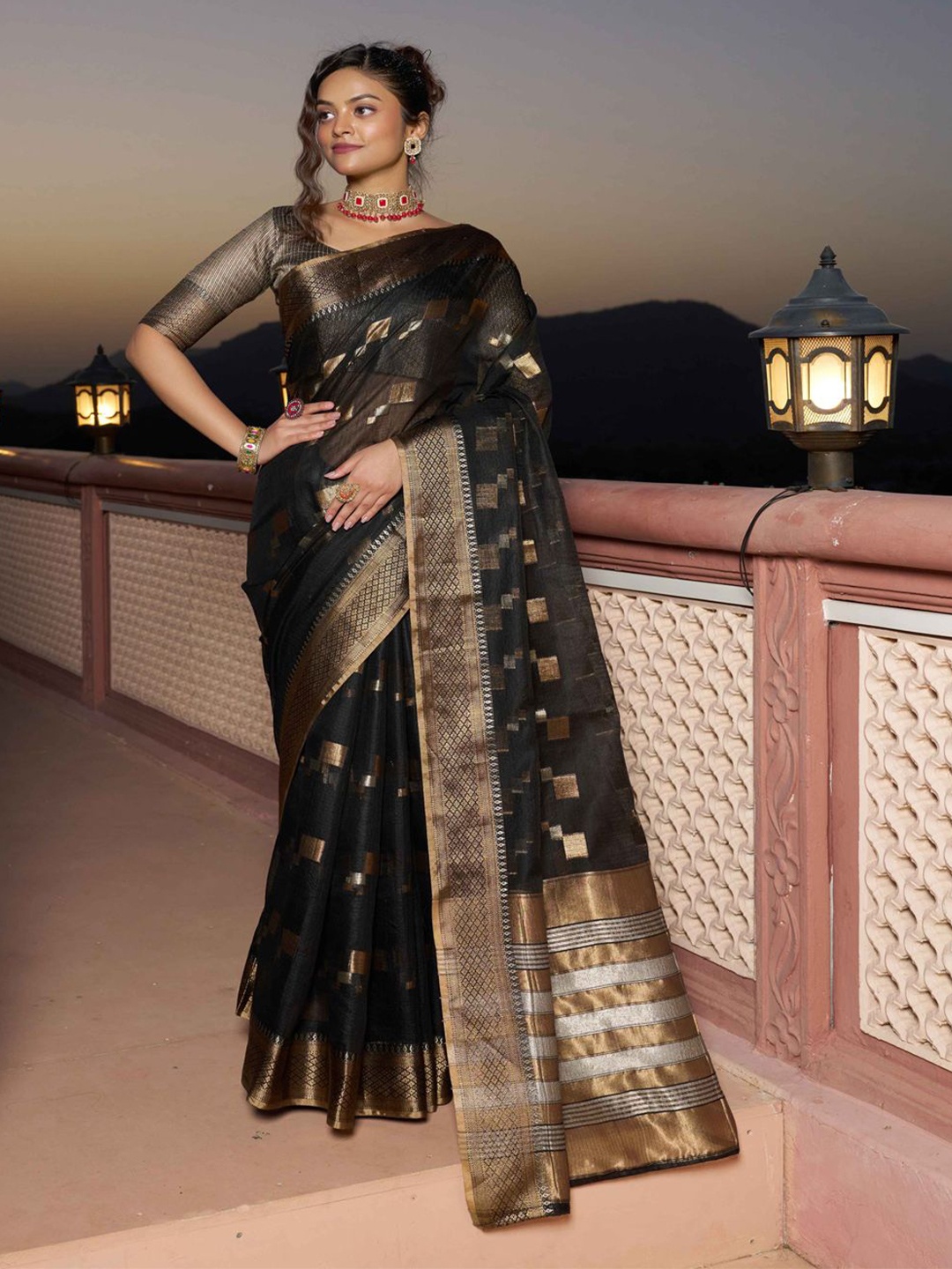 

Krimmple Ethnic Motifs Woven Design Zari Organza Saree, Black