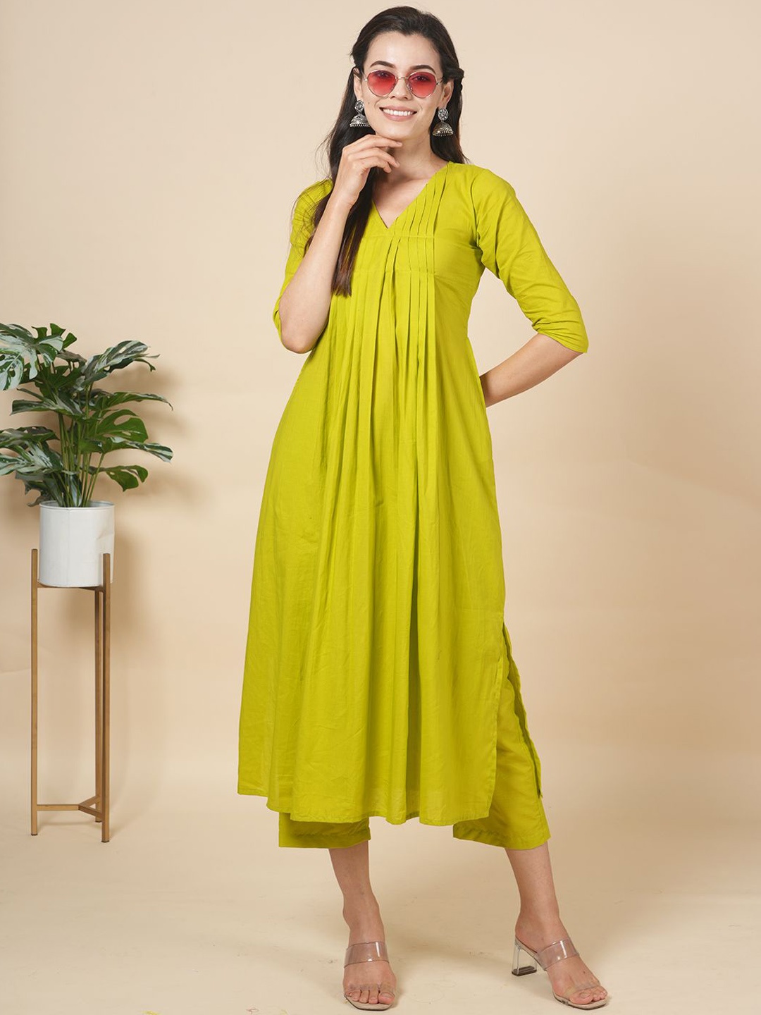 

LABEL KRISHA Pleated Pure Cotton A Line Kurta with Trousers, Lime green