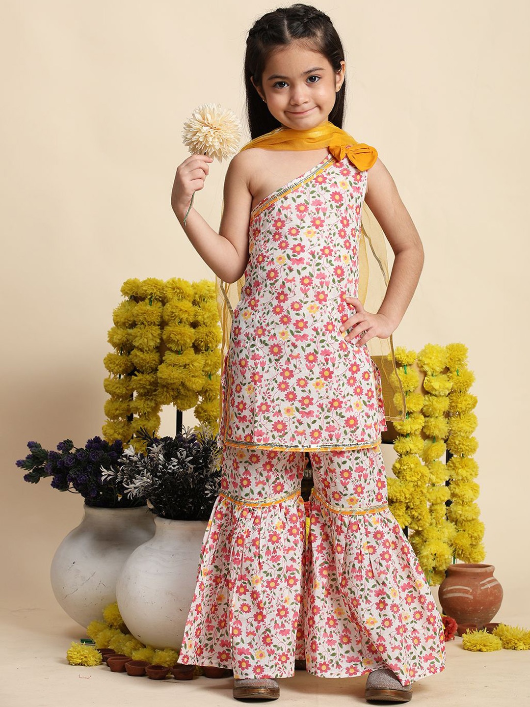 

Cutiekins Girls Floral Printed One Shoulder Straight Kurta With Sharara & Dupatta, Off white