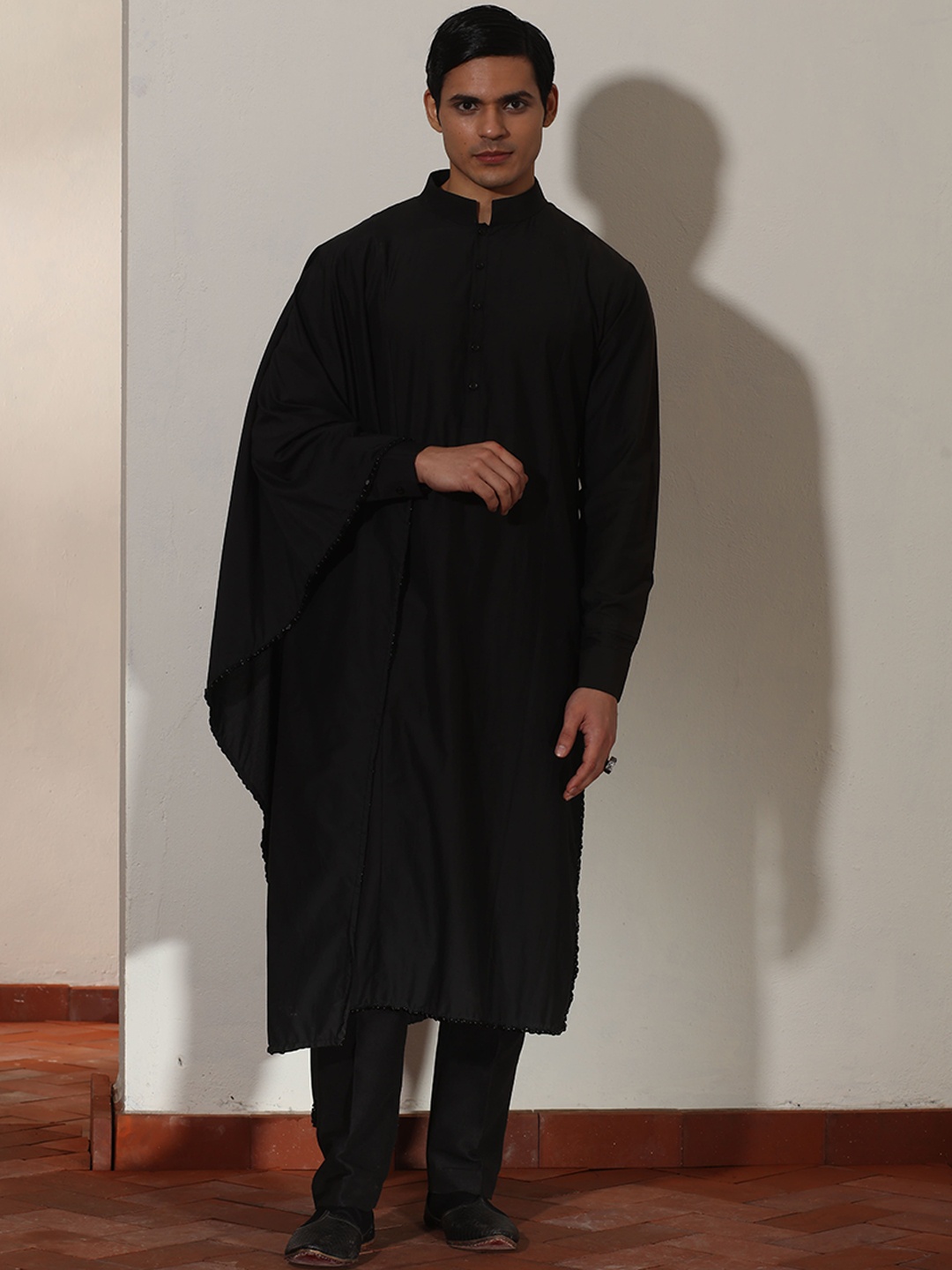 

Shehar Mandarin Collar Draped Sleeves Regular Kurta With Pyjama, Black