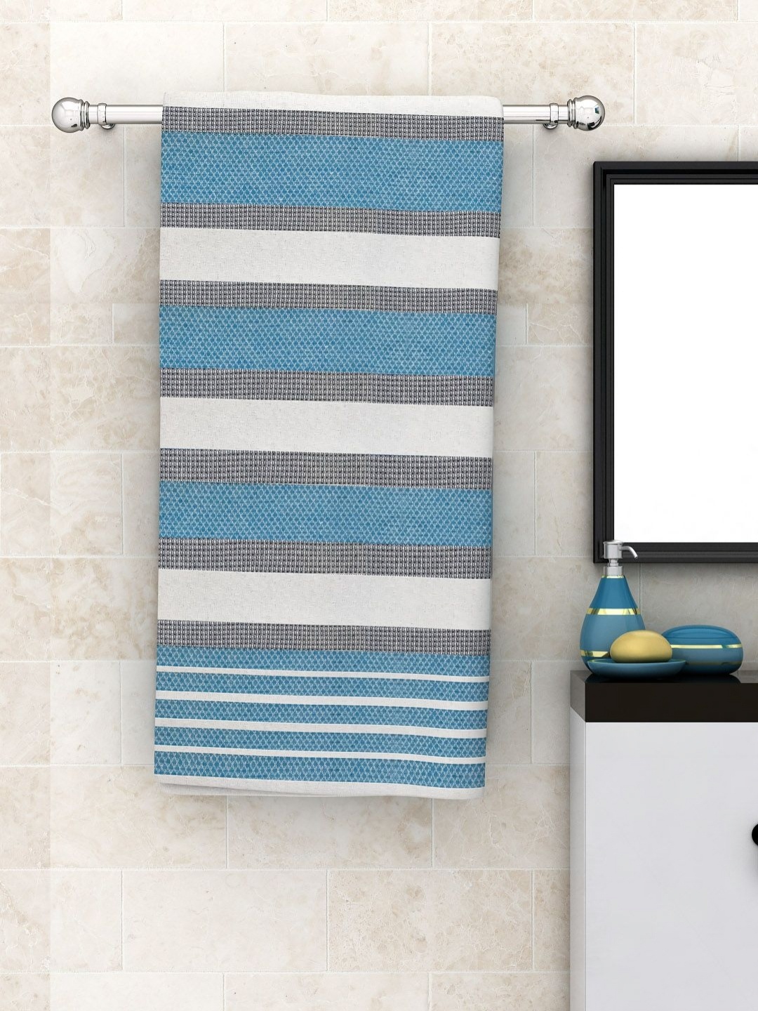 

Aura Blue & White Striped Pure Cotton 210 GSM Bath Towels
