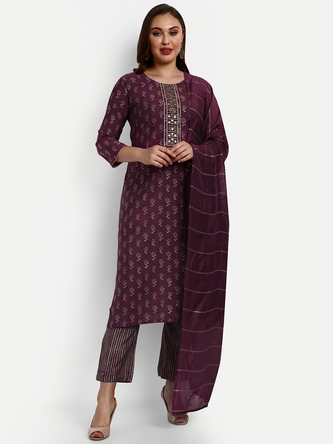 

V B SONS Ethnic Motifs Embroidered Mirror Work Chanderi Silk Kurta With Trousers & Dupatta, Maroon