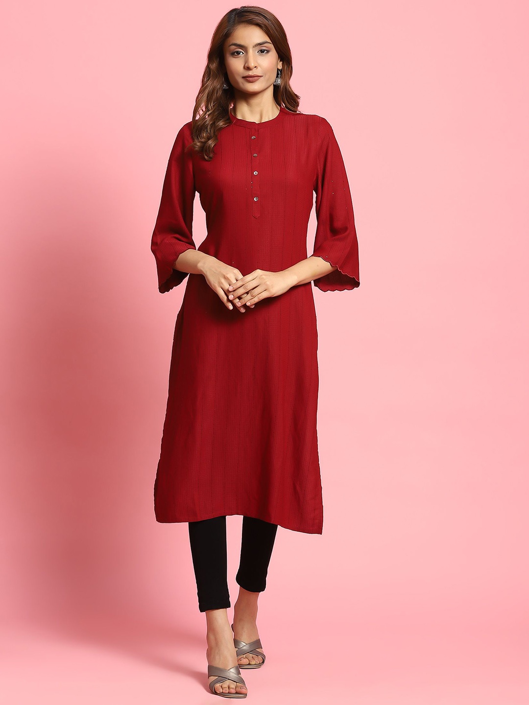 

Shree Striped Flared Sleeves Thread Work Liva Straight Kurta, Maroon