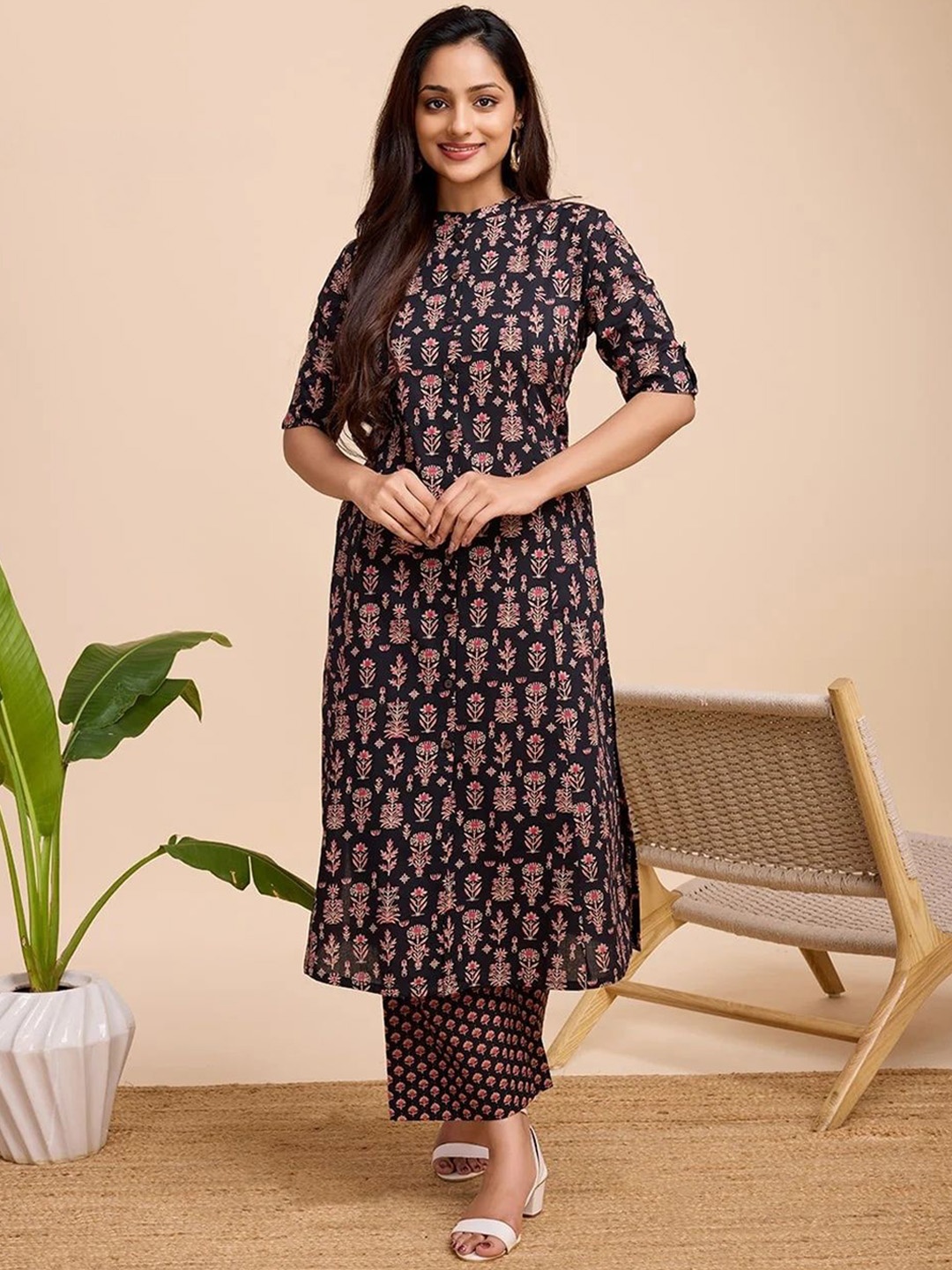 

KALINI Floral Printed Pure Cotton A-Line Kurta with Palazzos, Black