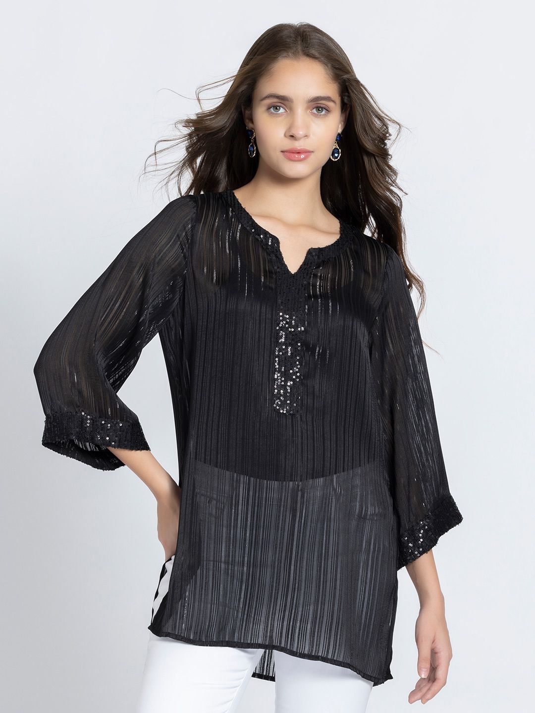 

SHAYE Women Striped Sequinned Sequinned Kurti, Black