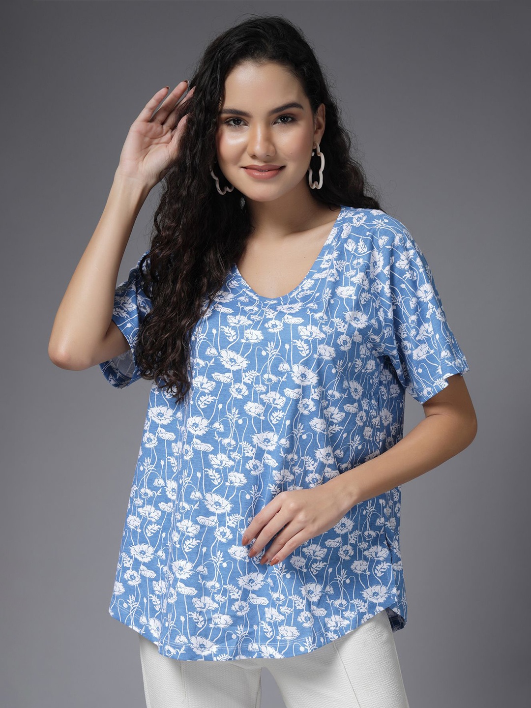 

House Of Zelena Women Floral Printed Scoop Neck Cotton Maternity Top, Blue