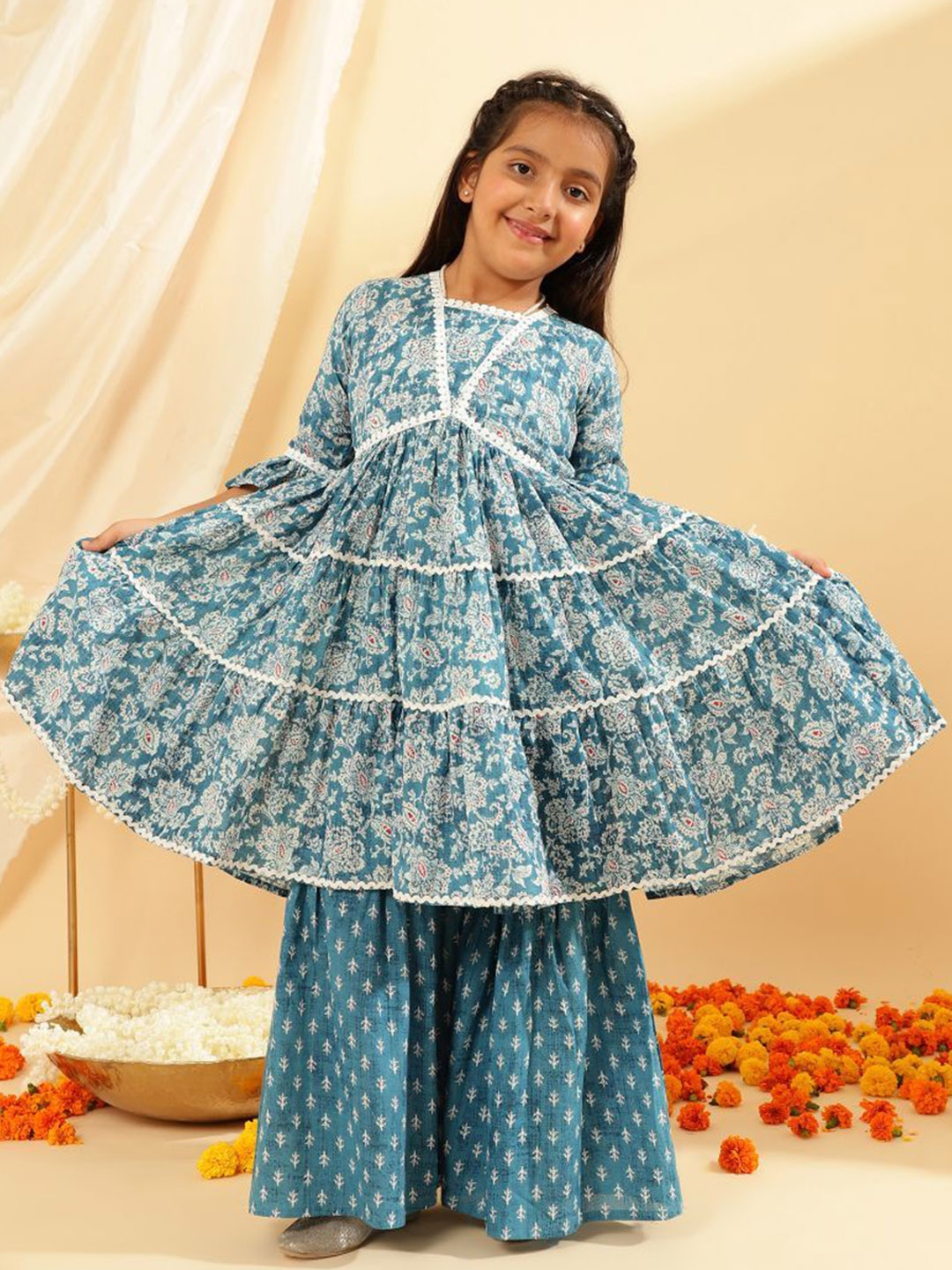 

BANDIA Girls Floral Printed Tiered Pure Cotton Anarkali Kurta with Sharara, Blue