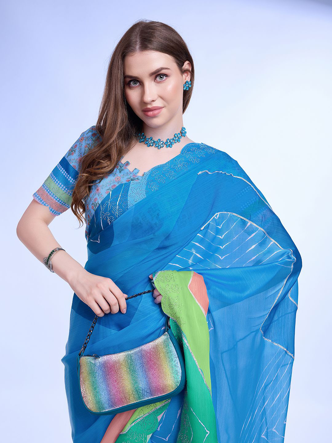 

Mitera Floral Embroidered Poly Chiffon Saree, Blue