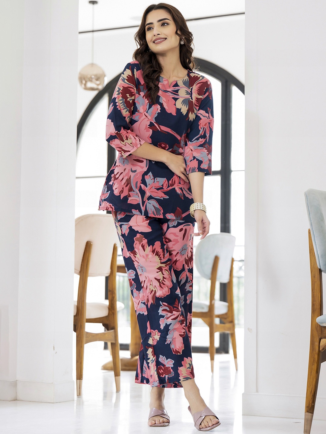 

KALINI Floral Printed Tunic & Trousers, Navy blue