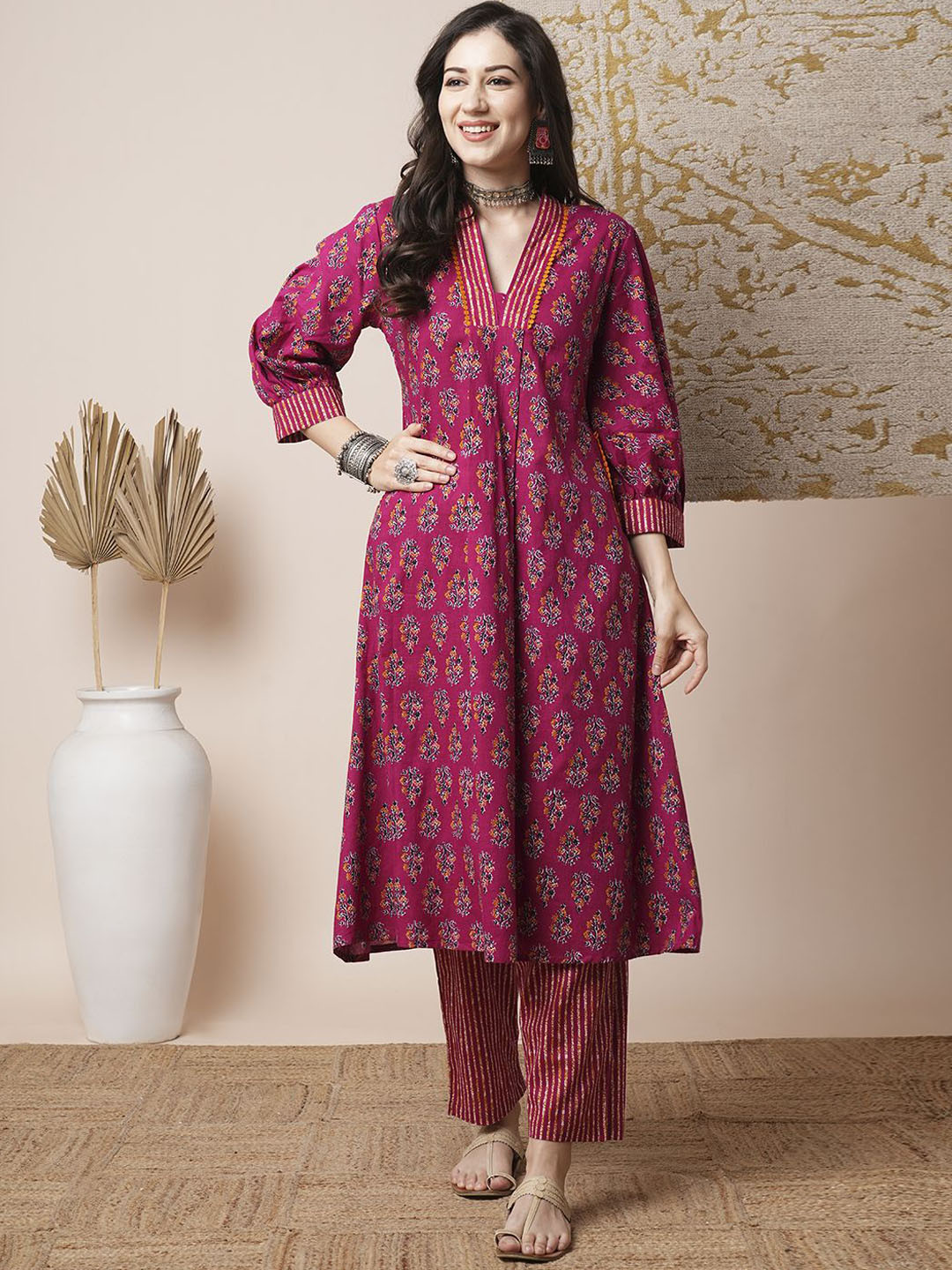 

FASHOR Floral Printed V-Neck Pure Cotton Anarkali Kurta With Trousers, Magenta