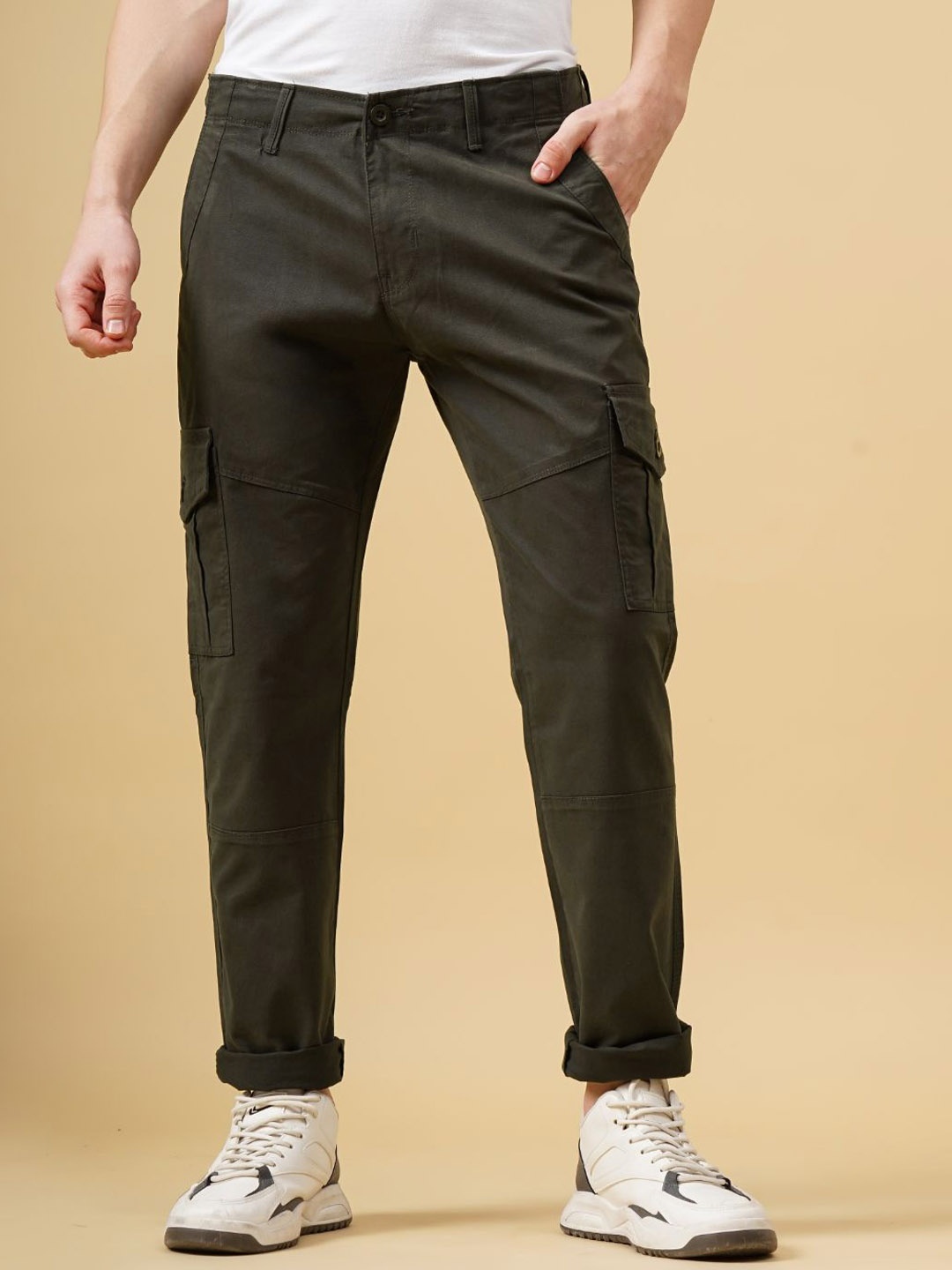 

PAUL STREET Men Urban Slim Fit Cargos Trousers, Olive