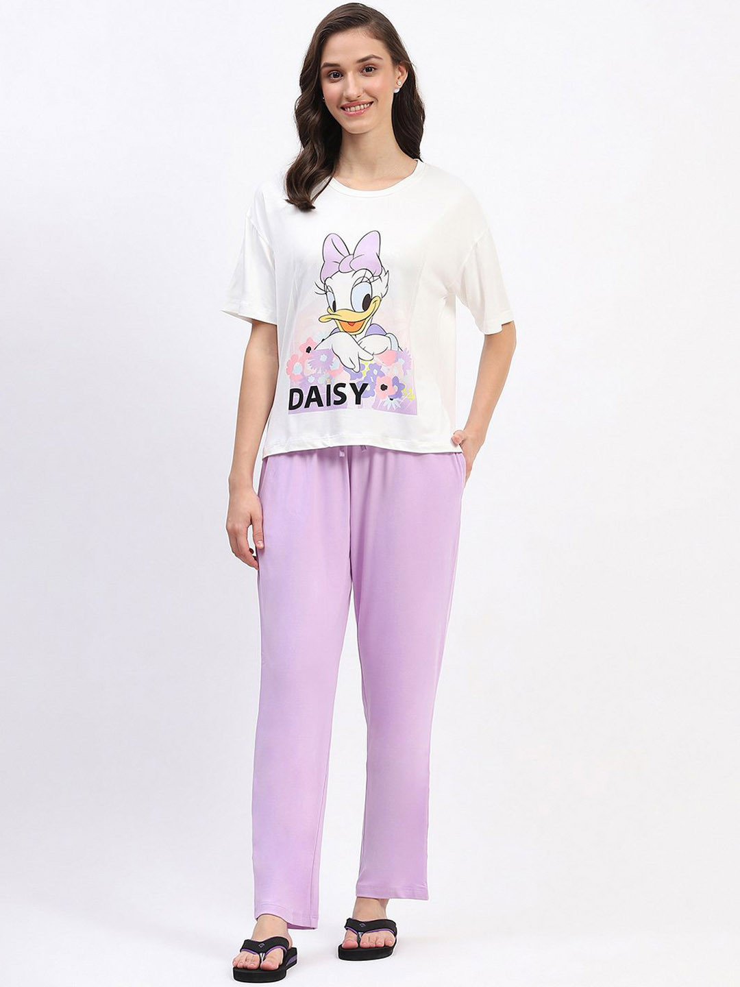 

MADAME M SECRET Women Cartoon Characters Printed Pure Cotton Night suit, Off white