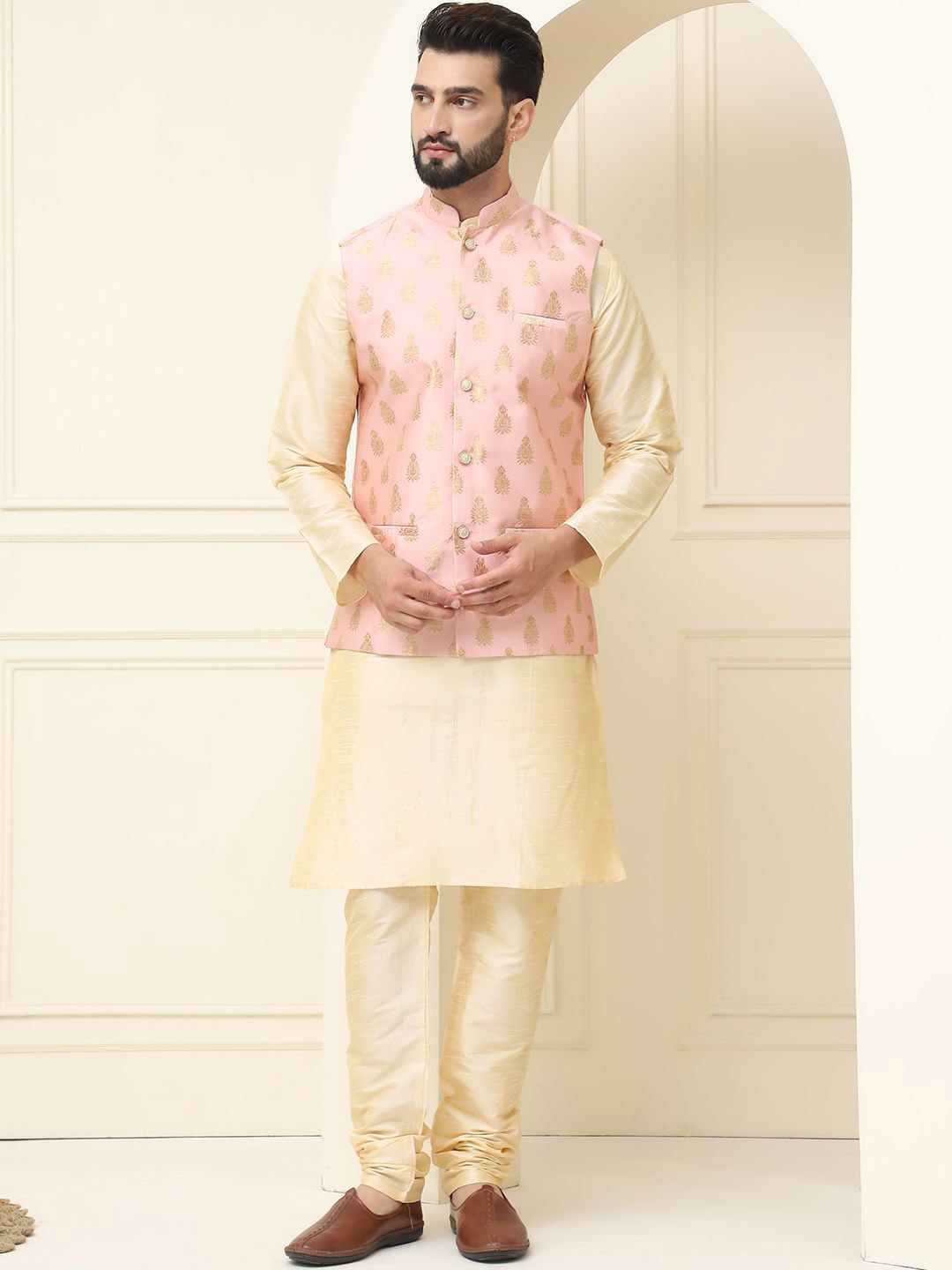 

SOJANYA Mandarin Collar Silk Cotton Kurta With Churidar & Woven Design Nehru Jacket, Cream