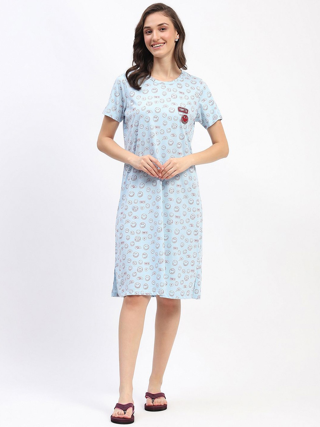 

MADAME M SECRET Printed Pure Cotton Nightdress, Blue