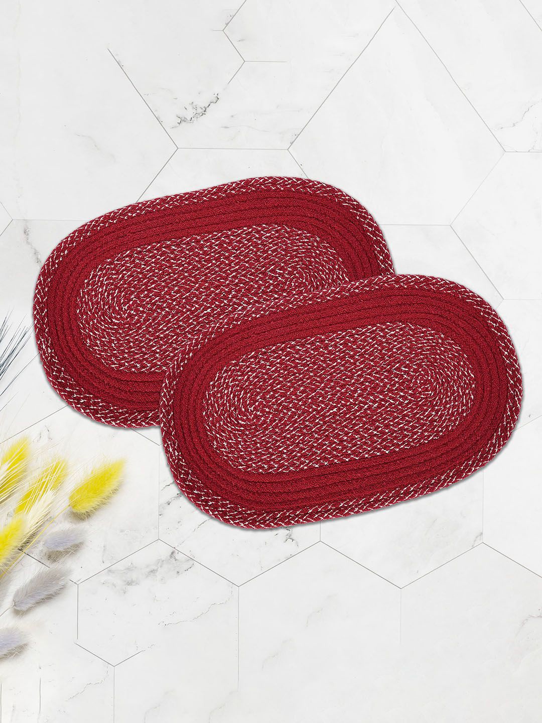 

Kuber Industries Red & White 2 Pieces Printed Cotton Anti-Slip Doormats