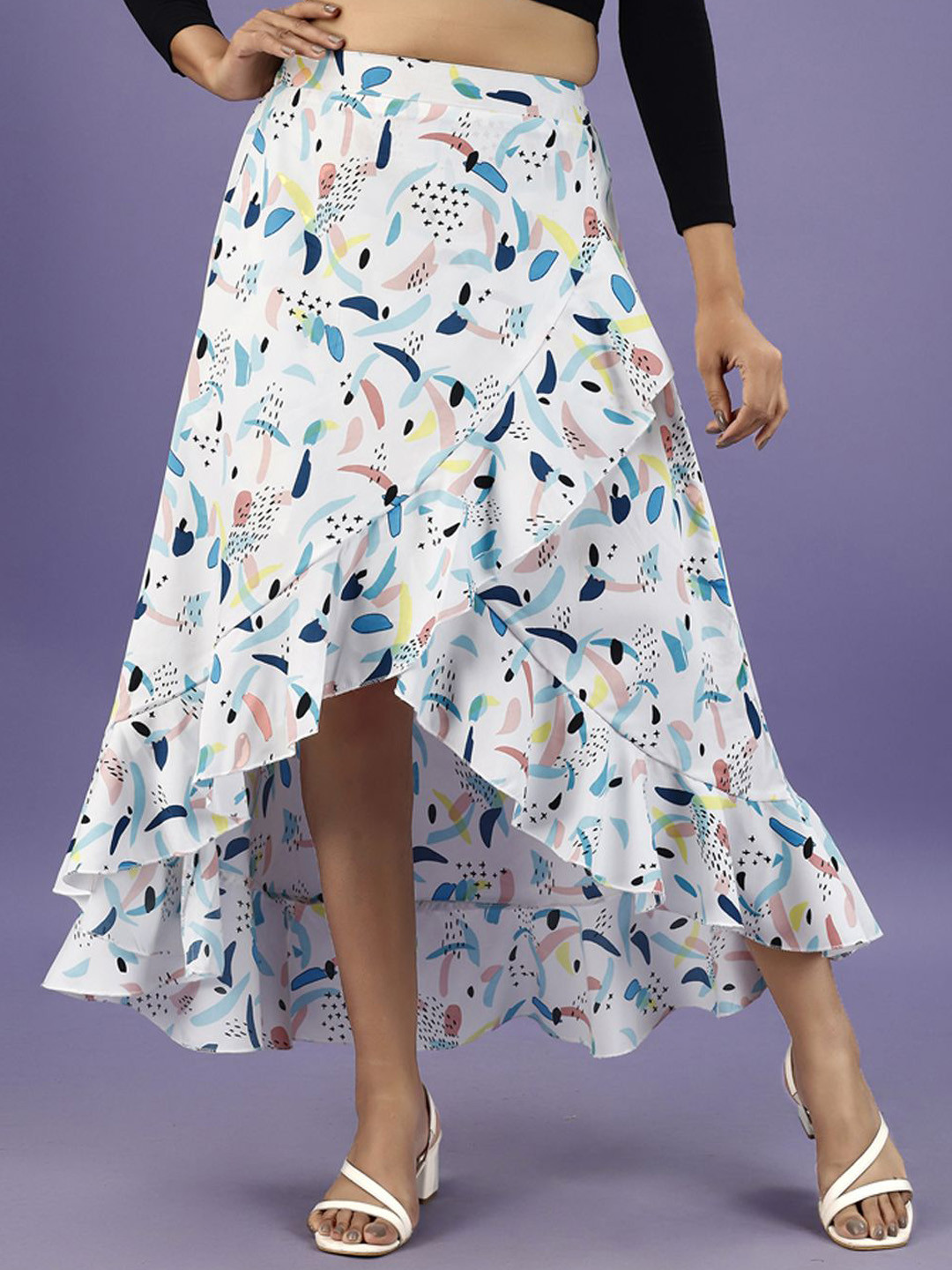 

OTABU Women Printed Midi Wrap High-Low Skirt, White