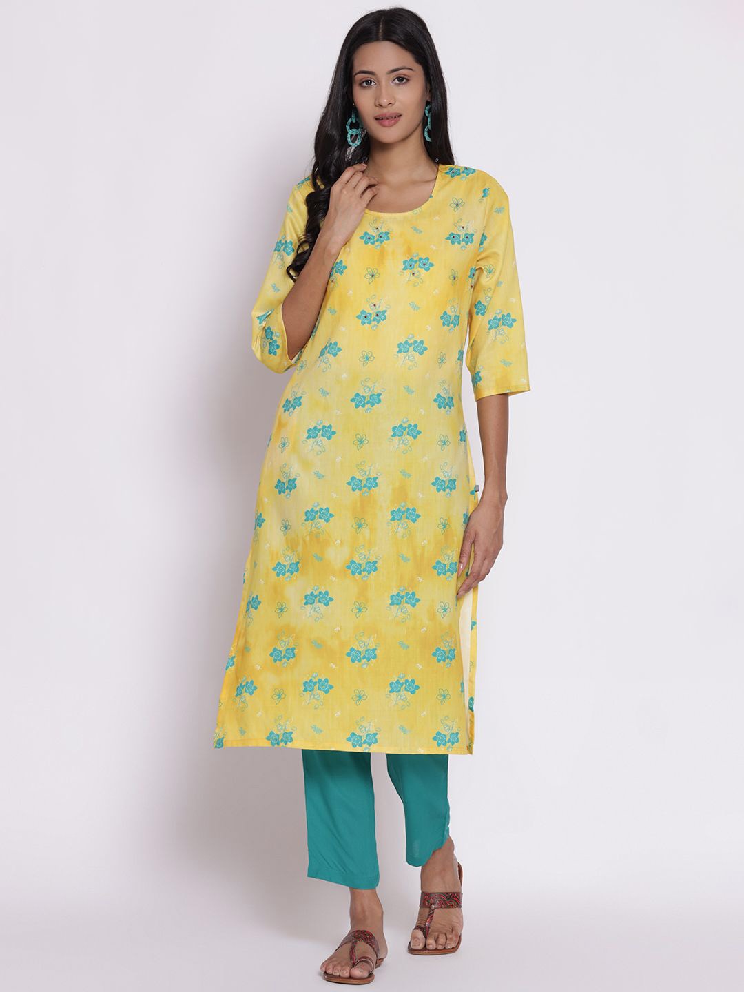 

Shree Floral Printed Round Neck Straight Kurta, Yellow