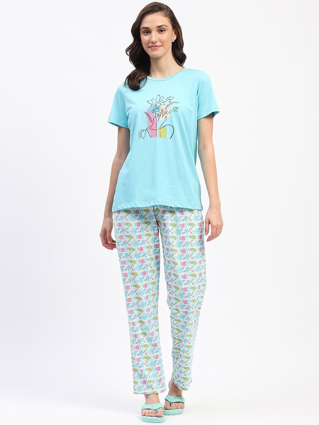 

MADAME M SECRET Women Floral Printed Pure Cotton Night suit, Blue