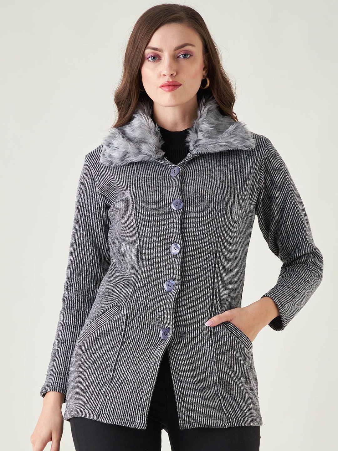 

PIVL Women Striped Longline Cardigan, Grey