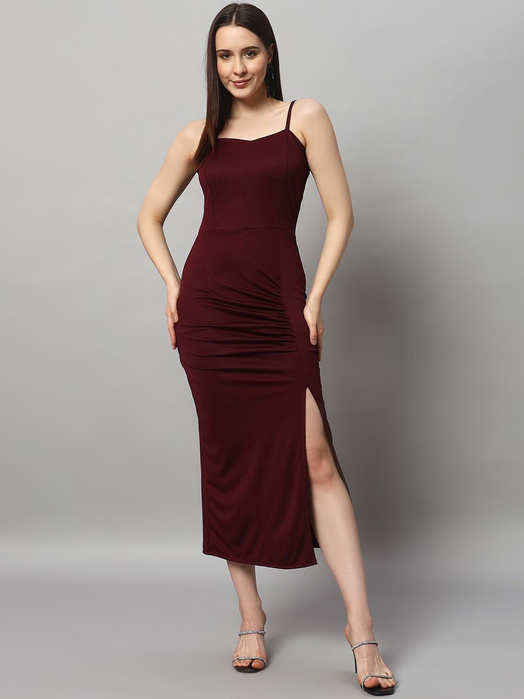 

VAARARO Women Shoulder Straps Bodycon Midi Dress, Burgundy