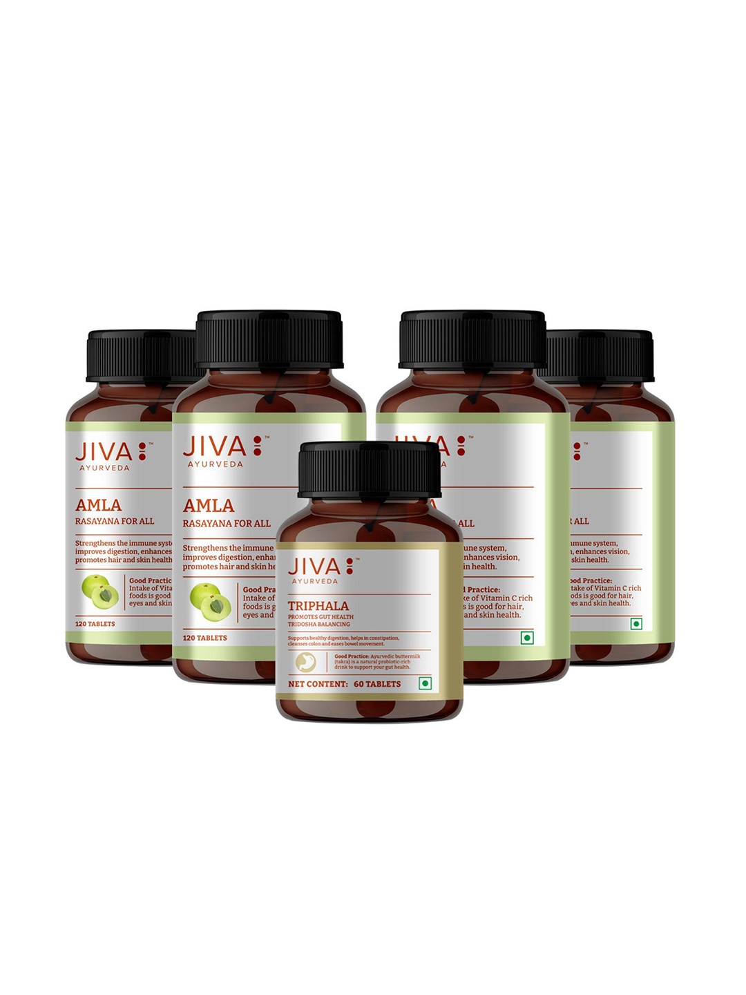 

Jiva Set Of 4 Amla Tablets 120 Tablets Each With Triphala Tablets 60 Tablets, White