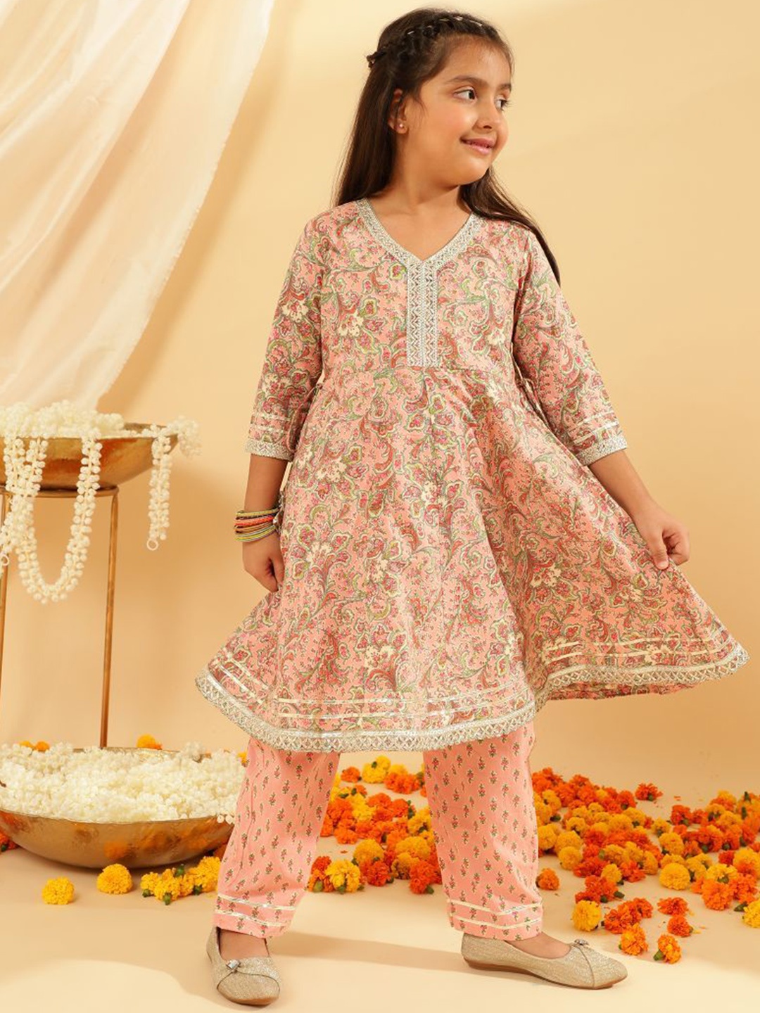 

BANDIA Girls Floral Printed Regular Pure Cotton Anarkali Kurta with Trousers & Dupatta, Peach
