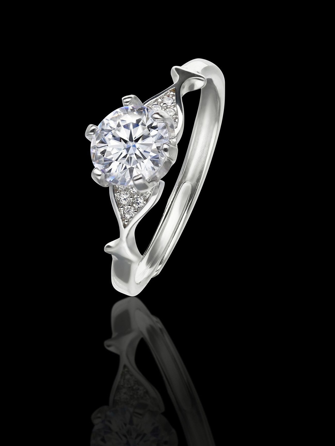

DEESSA 92.5 Sterling Silver Rhodium-Plated Solitaire Stone-Studded Finger Ring