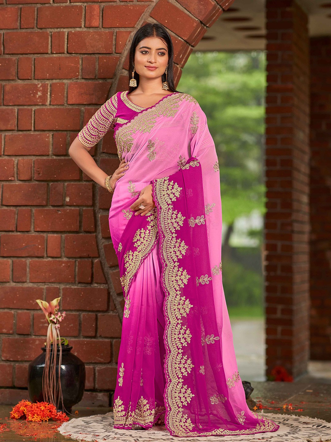 

Zeekha Floral Embroidered Pure Georgette Saree, Pink