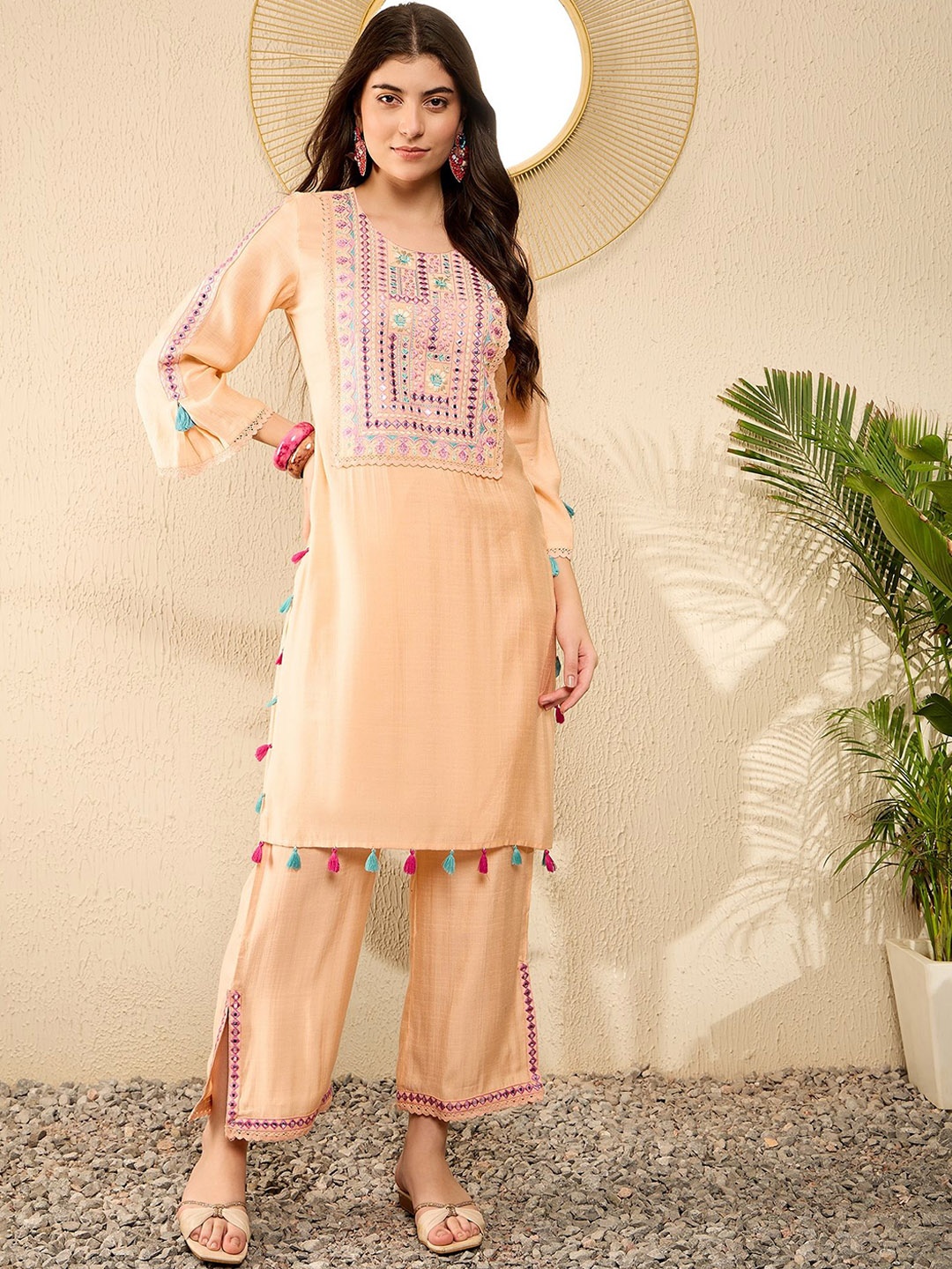 

KALINI Floral Yoke Design Mirror Work Straight Kurta with Trousers, Peach