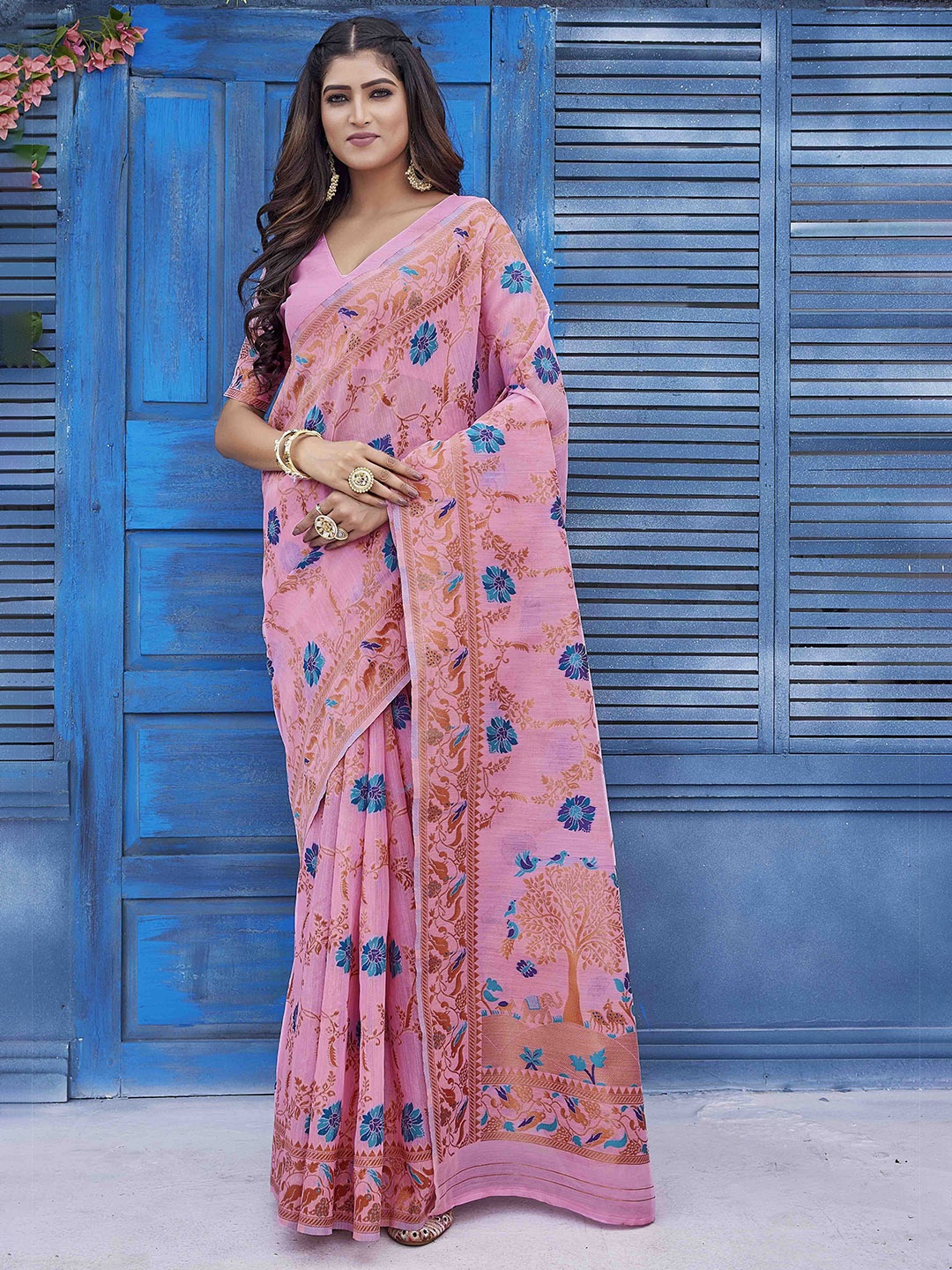 

Krimmple Woven Design Zari Pure Linen Kanjeevaram Saree, Pink