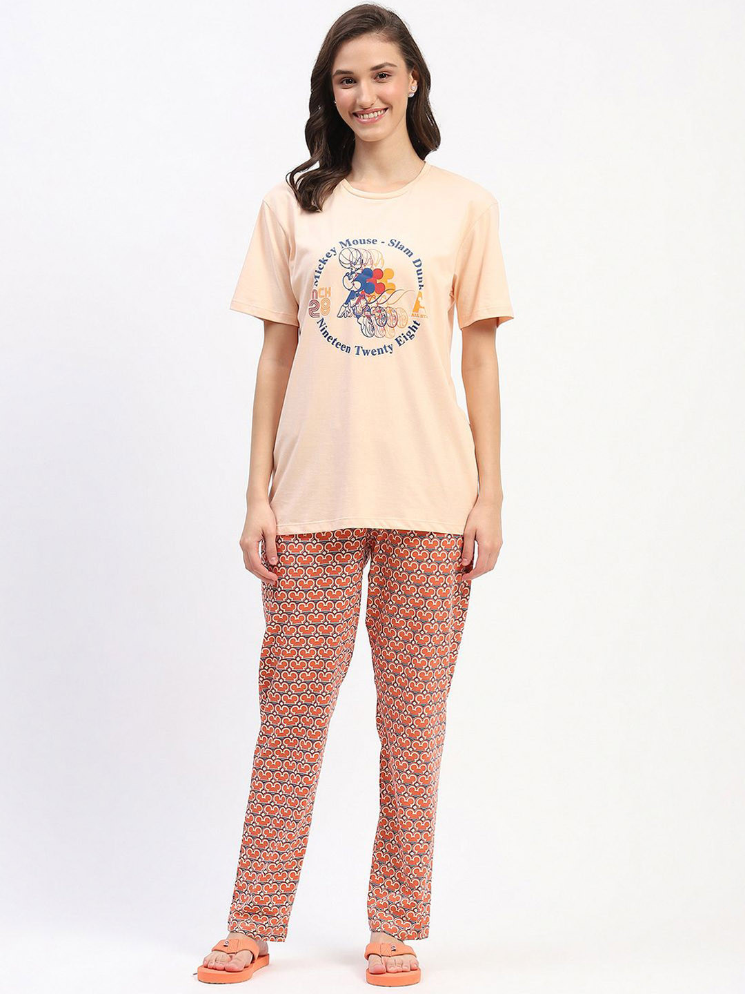

MADAME M SECRET Women Pure Cotton Cartoon Printed Night suit, Peach