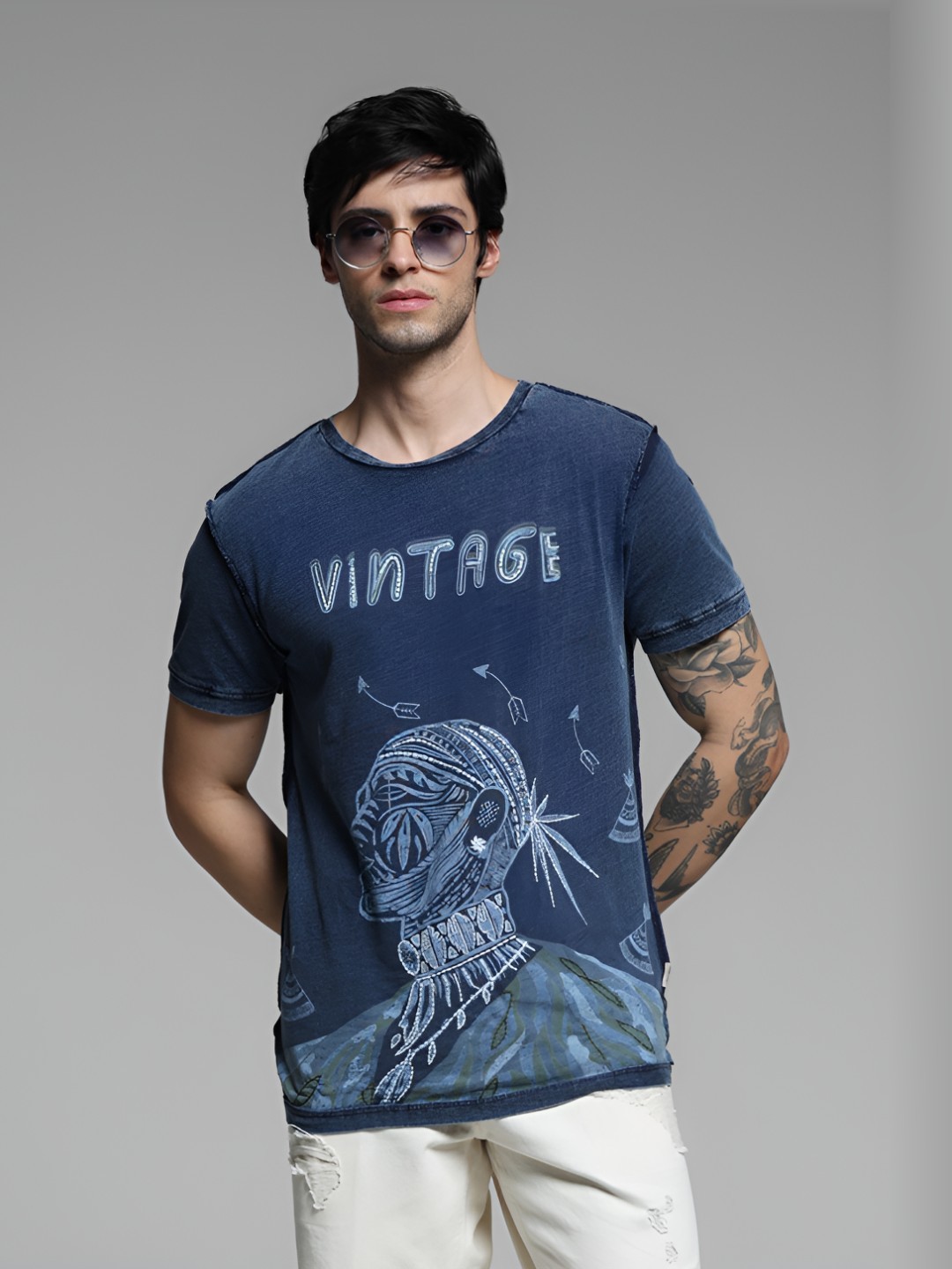 

Jack & Jones Men Graphic Printed Round Neck Cotton T-shirt, Blue