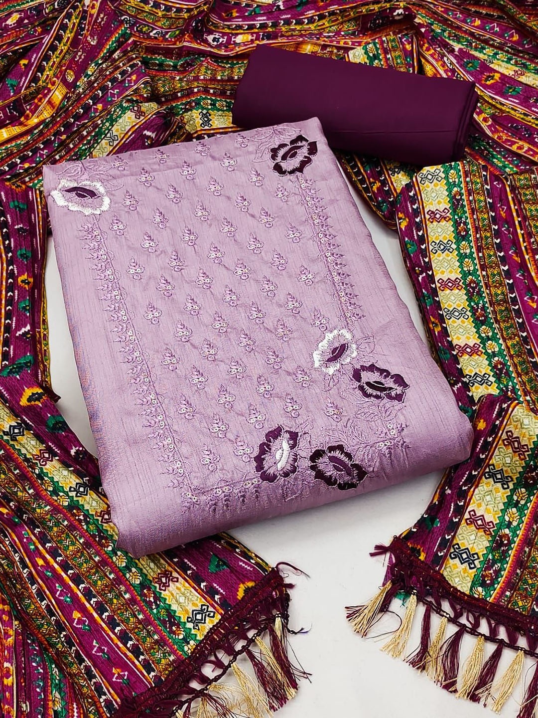 

JULEE Floral Embroidered Pure Silk Unstitched Dress Material, Purple