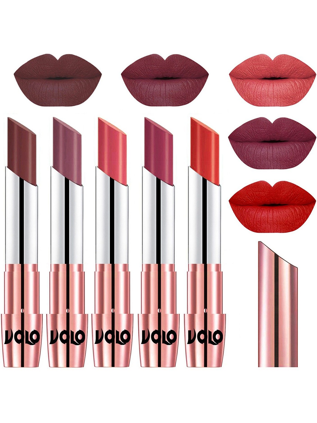 

VOLO Set Of 5 Creme Matte Lipstick-Coffee 34-Plum 36-Dark Peach 37-Rose Pink 38-Orange 49, Brown