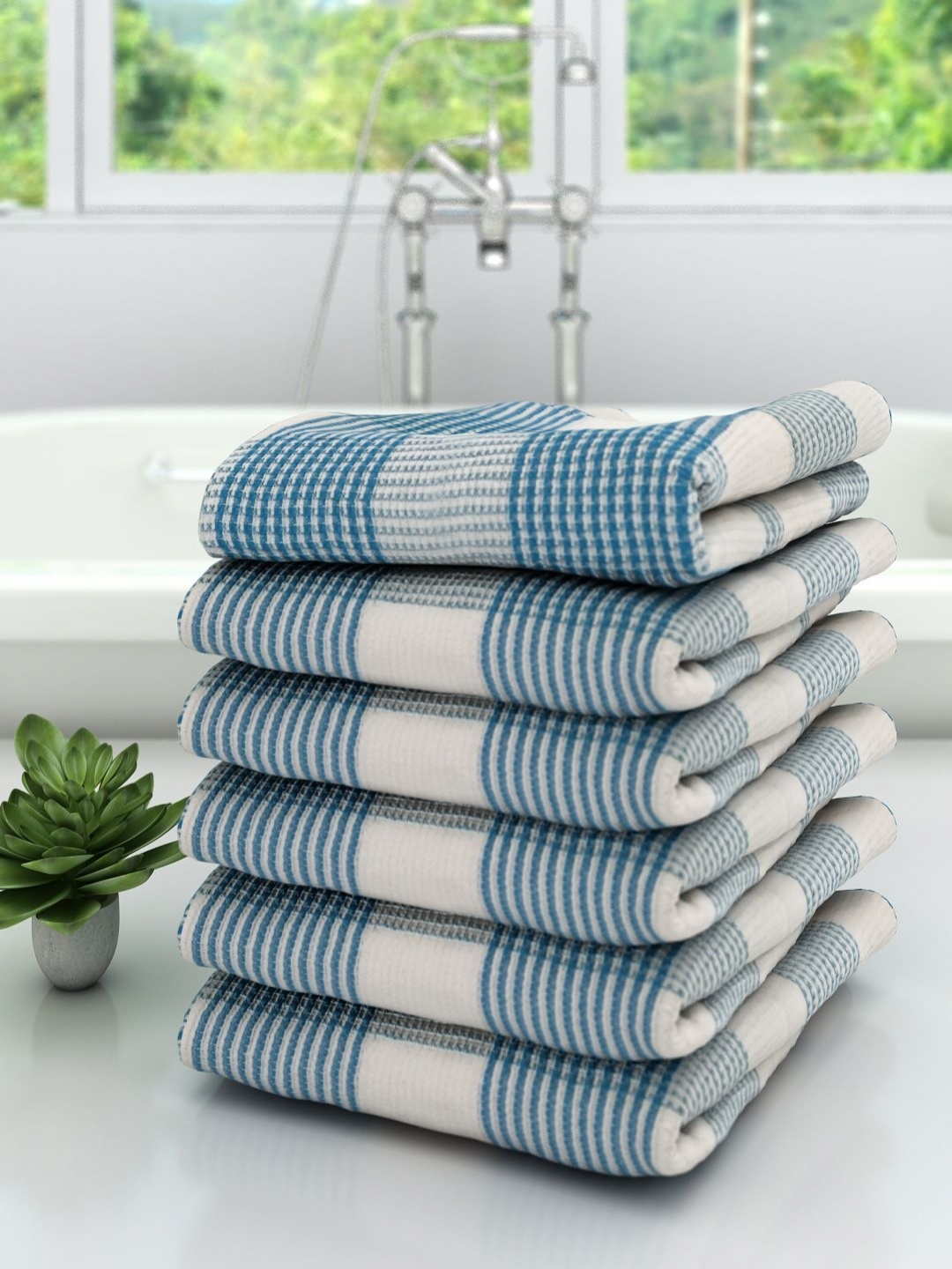 

Aura White & Blue 6 Pieces Striped Cotton 210 GSM Bath Towels