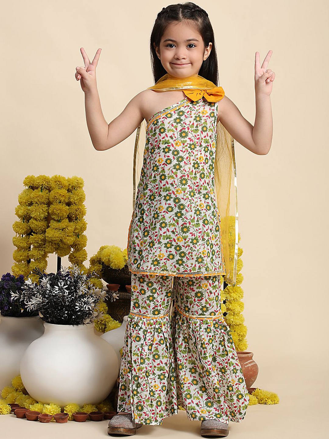

Cutiekins Girls Floral Printed One Shoulder Straight Kurta With Sharara & Dupatta, Off white