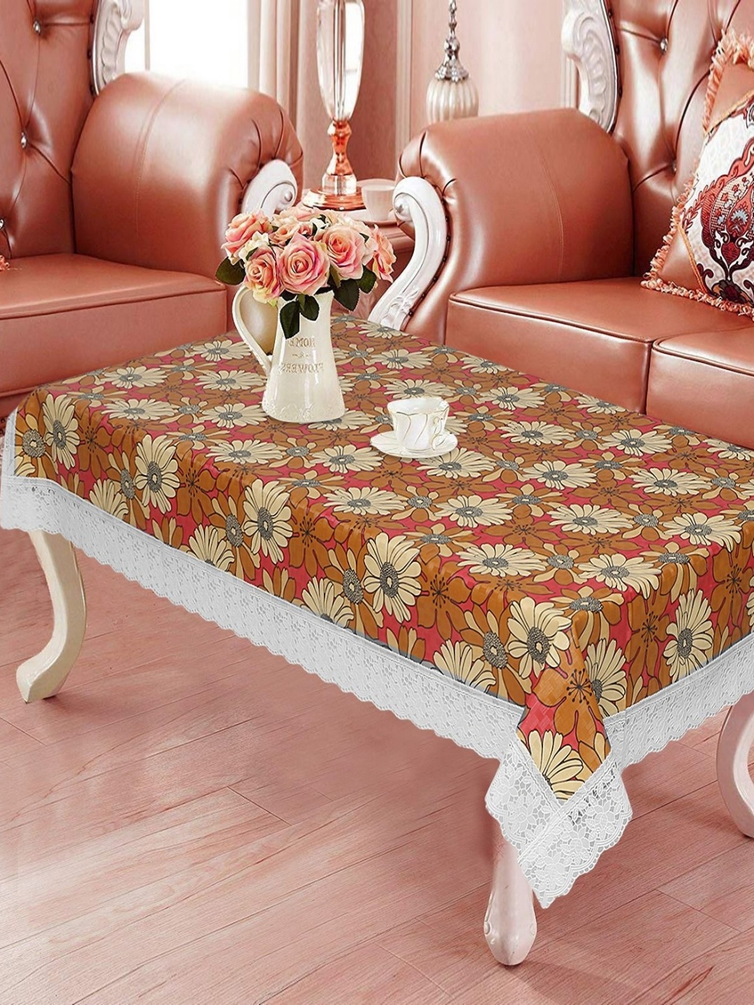 

LooMantha Orange Colored & Yellow Floral Printed Printed 4 Seater Table Cover