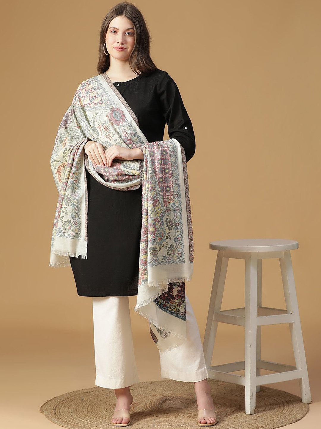 

SHINGORA Midnight Charm Floral Woven Design Jacquard Pure Woollen Shawl, Off white