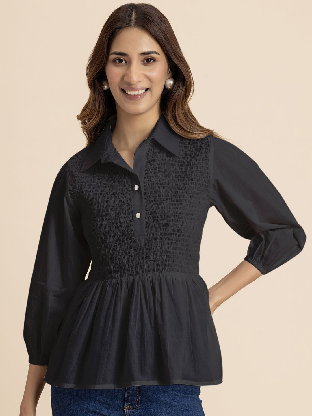 

Moomaya Women Solid Shirt Collar Pure Cotton Top, Black