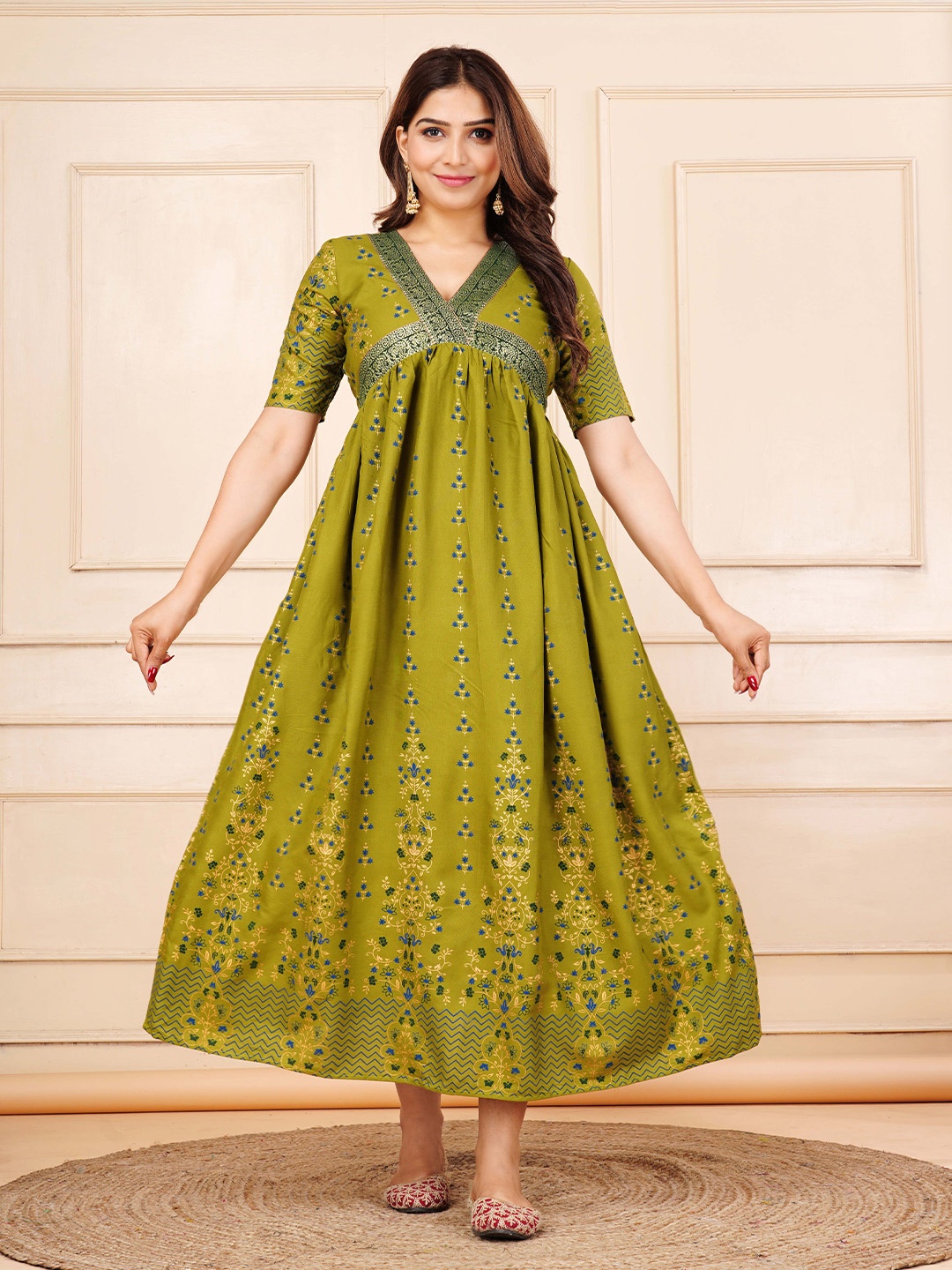 

Shedika Ethnic Motifs Printed Fit & Flare Empire Midi Ethnic Dress, Green