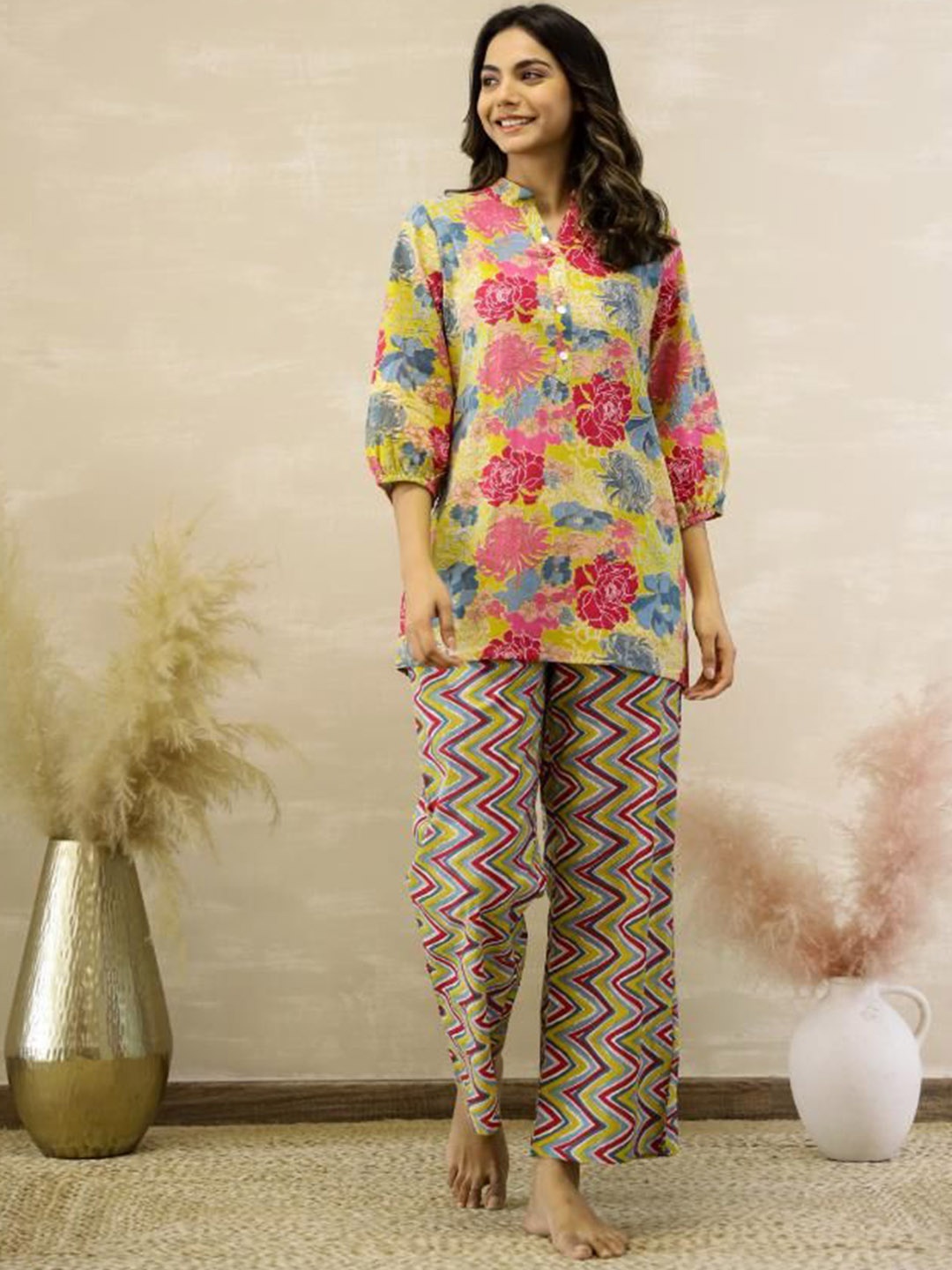 

FLAVIA CREATION Women Printed Pure Cotton Night suit, Yellow