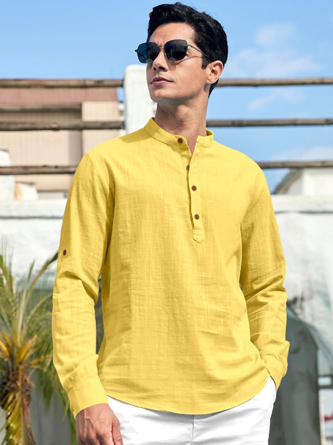 

Zombom Mandarin Collar Roll-Up Sleeves Wrinkle Free Straight Short Kurta, Yellow