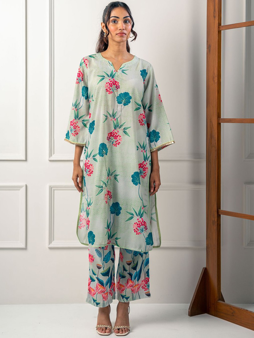 

India Circus by Krsnaa Mehta Floral Printed Round Neck Top With Trousers, Green