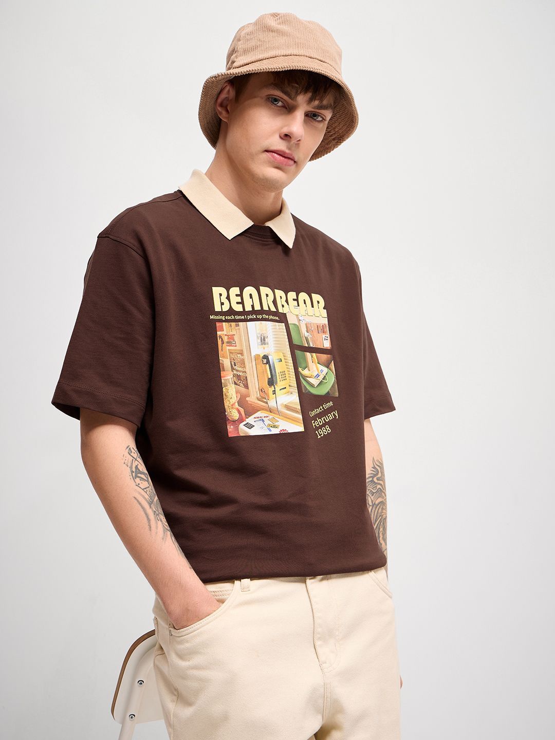 

THE BEAR HOUSE Men Graphic Printed Round Neck Cotton Oversized T-shirt, Brown
