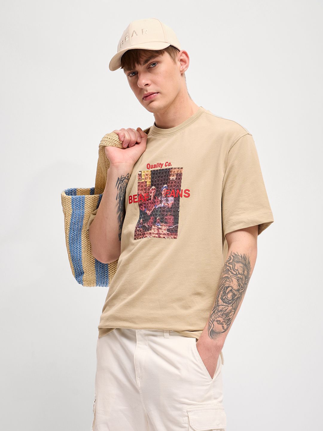 

THE BEAR HOUSE Men Graphic Printed Round Neck Cotton Oversized T-shirt, Beige