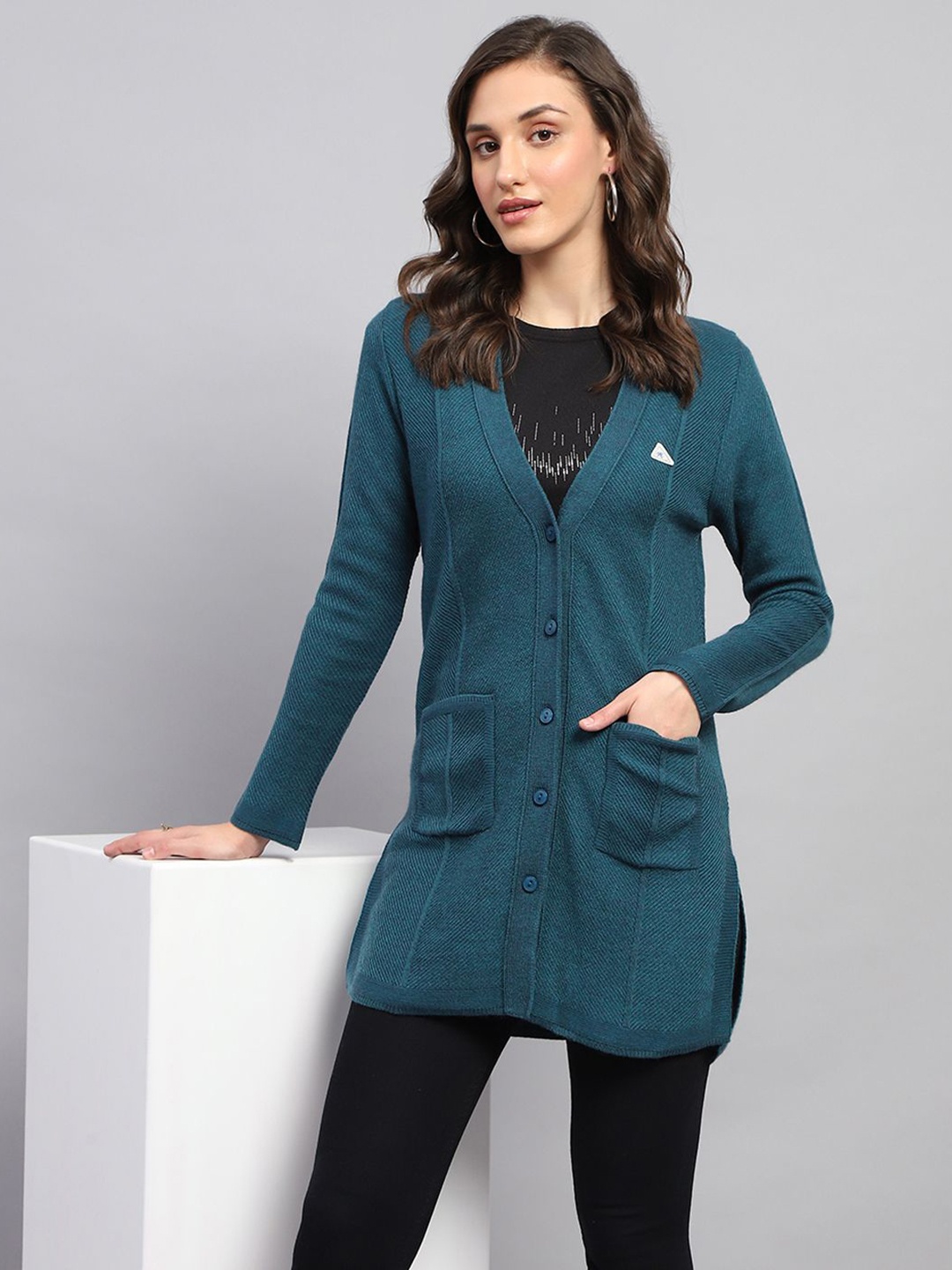 

Monte Carlo Women Ribbed Woollen Longline Cardigan, Teal