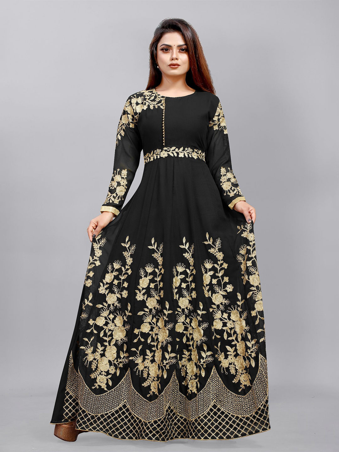 

JULEE Ethnic Motifs Embroidered Georgette Fit & Flare Maxi Dress, Black