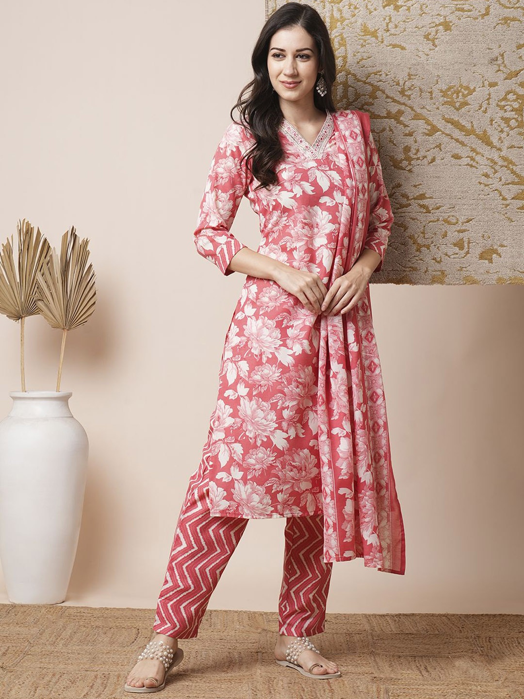 

FASHOR Floral Printed Sequinned Pure Cotton Straight Kurta With Trousers & Dupatta, Coral